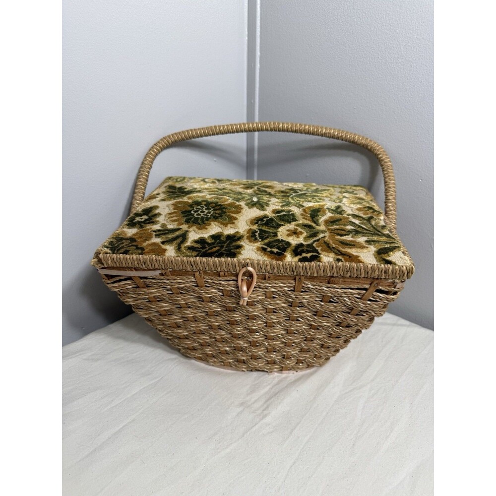 Vintage 1970s Wicker and Tapestry Sewing Basket Designed exclusively for Penneys